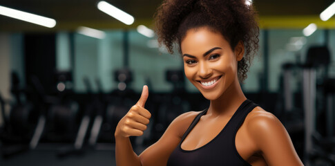 woman showing thumbs up, in gym - Powered by Adobe