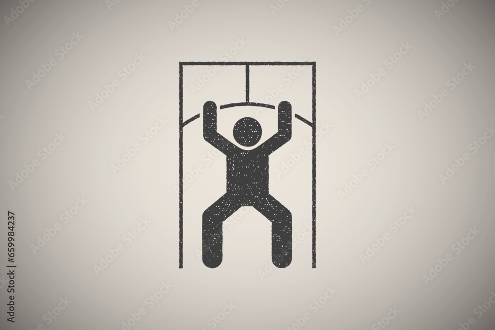 Poster man lat pulldown gym with arrow pictogram icon vector illustration in stamp style