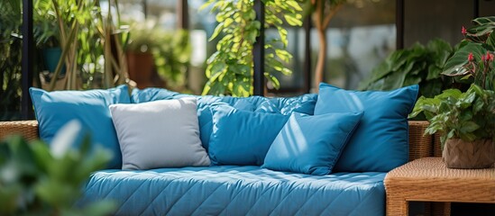 Blue cushion with quilted design on outdoor sofa in patio