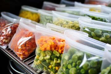 chopped vegetables preserved in zip-top bags in a freezer