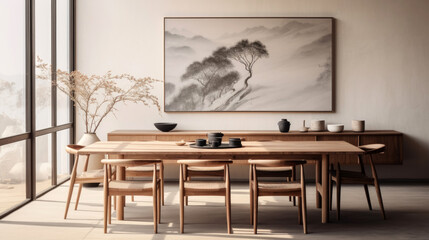 conceptual dining area with a long wooden table, Scandinavian style chairs, a large painting on the wall.
