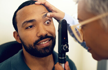 Vision, patient eyes and optometrist with ophthalmoscope for glaucoma test, ocular healthcare and...
