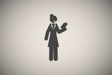 businesswoman, analytic icon vector illustration in stamp style
