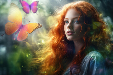 Ginger hair girl with batterflies. Dreamlike image