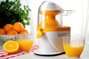 electric juicer with halved oranges beside it