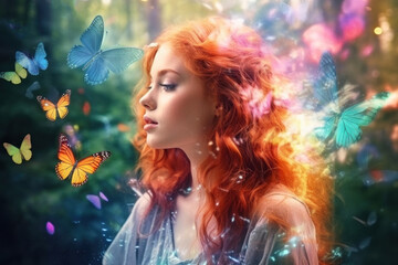 Ginger hair girl with batterflies. Dreamlike image