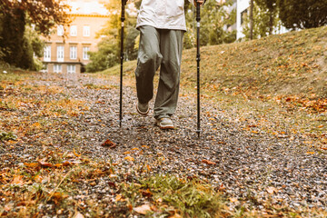 Nordic Walking in Autumn forest, hiking teenage girl