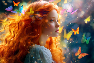 Ginger hair girl with batterflies. Dreamlike image