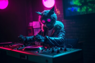 Dirty  punk cat djing in a club, neon light - obrazy, fototapety, plakaty
