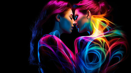 Beautiful sexy lesbian couple kissing in neon lights. Homosexuality, same-sex relationships concept - obrazy, fototapety, plakaty