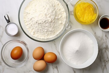 overhead shot of cooking ingredients: flour, eggs, and butter on a kitchen worktop