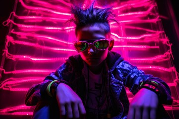 Fototapeta na wymiar Brutal punk kid with Iroquois n a neon light