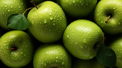Background of green apples with waterdrops top view photo - Powered by Adobe