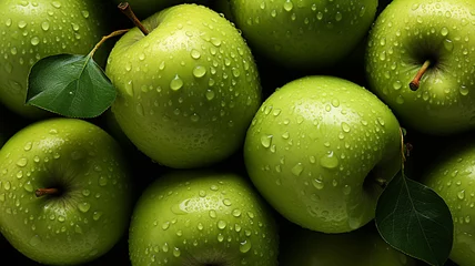 Gordijnen Background of green apples with waterdrops top view photo © Leelooo