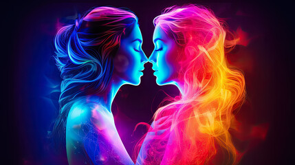 Beautiful sexy lesbian couple kissing in neon lights. Homosexuality, same-sex relationships concept - obrazy, fototapety, plakaty