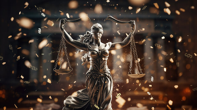 Justitia Statue im Tempel mit Paragrafen