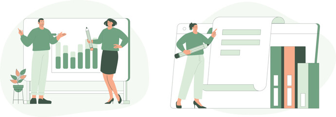 Work Discussion and Work Reporting. Flat Cartoon Vector Illustration.