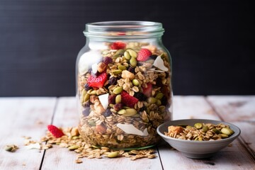 packed muesli mix in a transparent glass storage jar