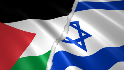 Israel vs Palestine floating flag. 3D illustration