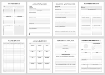 Minimalist planner pages templates. Business Goals,Affiliate Planner,Branding Questionnaire,Business Overview,Term Overview,Annual Overview,Competitor Analysis,Target Customer Printable Planner Page . - obrazy, fototapety, plakaty