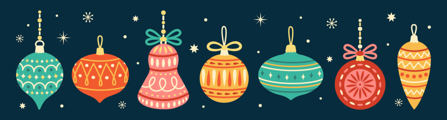 Set of colorful Christmas balls and decorations. Vector flat cartoon illustration on blue background.