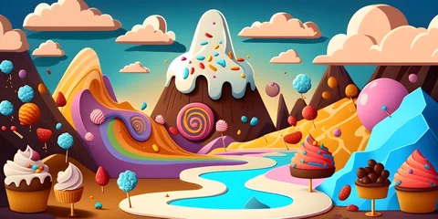 Afwasbaar Fotobehang Bergen 2D dessert chocalate mountain platformer level landscape whipped cream clouds licorice ice candy and glaze all over strawberry rivers puzzle game cartooncore mural art graffiti art bright vibrant 