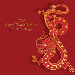 Chinese New Year 2024, the year of the Dragon, red and gold line art characters, simple hand-drawn Asian elements with craft (Chinese translation: Happy Chinese New Year 2024, year of the Dragon)