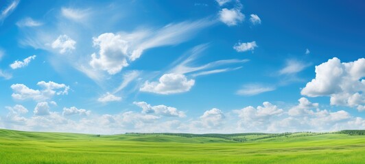 Fototapeta na wymiar Green grass field agains the blue cloud sky, Generative AI