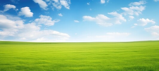 Fototapeta premium Green grass field agains the blue cloud sky, Generative AI