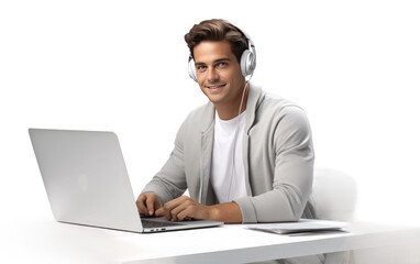 A Man Actively Engaging in a Virtual Webinar Session Isolated on Transparent Background PNG.