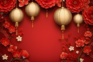chinese golden oriental lanterns with flowers on a red background