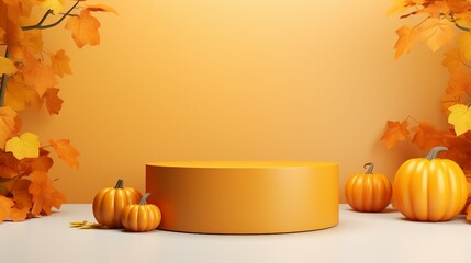 Naklejka na ściany i meble 3D background. Orange Podium display with pumpkin and autumn leaf. Cosmetic, beauty product promotion. Fall pedestal with natural shadow. Halloween showcase. Abstract minimal 3D render mockup.