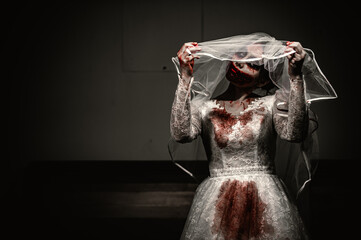 Halloween festival concept,Asian woman makeup ghost face,Bride zombie charactor,Horror movie...