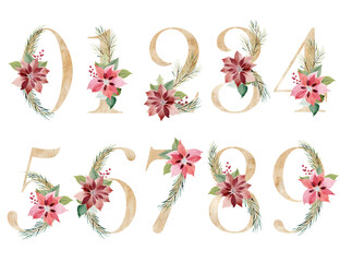 Watercolor christmas floral numbers for invitations, greeting card, birthday, poster and other. - obrazy, fototapety, plakaty