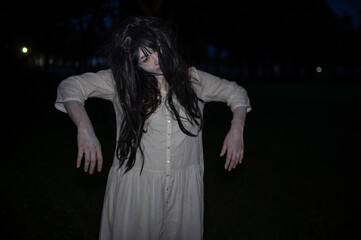 Portrait of asian woman make up ghost face with blood,Horror scene,Scary background,Halloween...