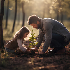 Father and daughter planting a tree, Generative AI