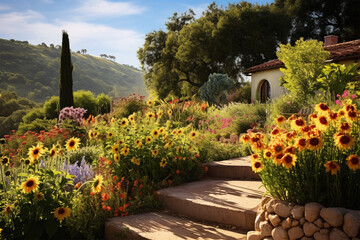 view of the path decorated with sunflowers