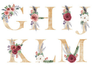 Watercolor christmas floral letters for invitations, greeting card, birthday, poster and other.