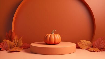3D background. Orange Podium display with pumpkin and autumn leaf. Cosmetic, beauty product promotion. Fall pedestal with natural shadow. Halloween showcase. Abstract minimal 3D render mockup.