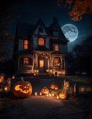 Fototapeta na wymiar In this Halloween-themed picture, a beautiful old house is with a Halloween featuring pumpkins and candles, creating an eerie atmosphere.