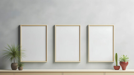 Three frame with space for text or image mockup on wall in a room wall
