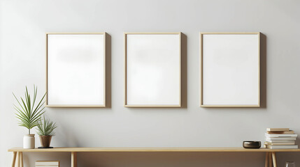 Three frame with space for text or image mockup on wall in a room wall