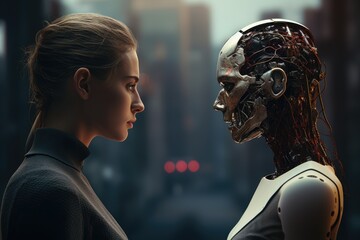 human versus AI. Robot, cyborg, futuristic. woman with slim futuristic clothes and small bun pulled back. woman facing a robot. conflict between humanity and AI concept art. humanoid figure.  - obrazy, fototapety, plakaty