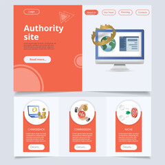 Authority site flat landing page website template. Chargeback, commission, niche. Web banner with header, content and footer. Vector illustration.