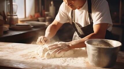 Dynamic photo captures a baker kneading dough rapidly in the early morning, creating a cloud of flour in a kitchen setting. The image embodies the essence of craftsmanship and the hustle of daily prep - obrazy, fototapety, plakaty