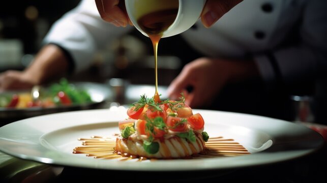  a chef in the act of drizzling sauce on a dish with droplet precision, set against the backdrop of a fine dining restaurant in the evening. The image epitomizes culinary artistry.