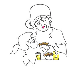 One line drawing of mom and daughter.
One continuous line drawing of cute little girl and her beautiful young mom are eating muffins with lemonade.
