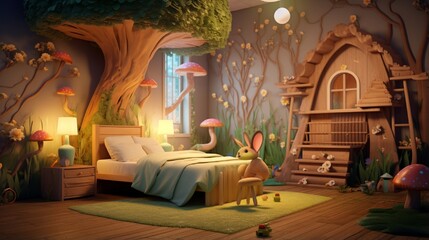 Fototapeta na wymiar Design a dreamy and imaginative kids' bedroom with a 3D background view of a magical forest filled with talking animals and fairies, fostering creativity and storytelling.