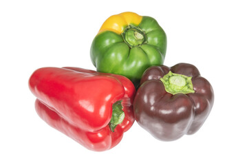 Bell peppers of red, green and brown isolated on white background