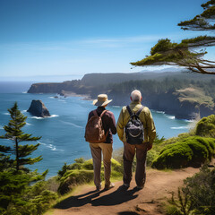 Senior couple admiring the scenic Pacific coast while hiking, filled with wonder at the beauty of nature during their active retirement, Generative AI